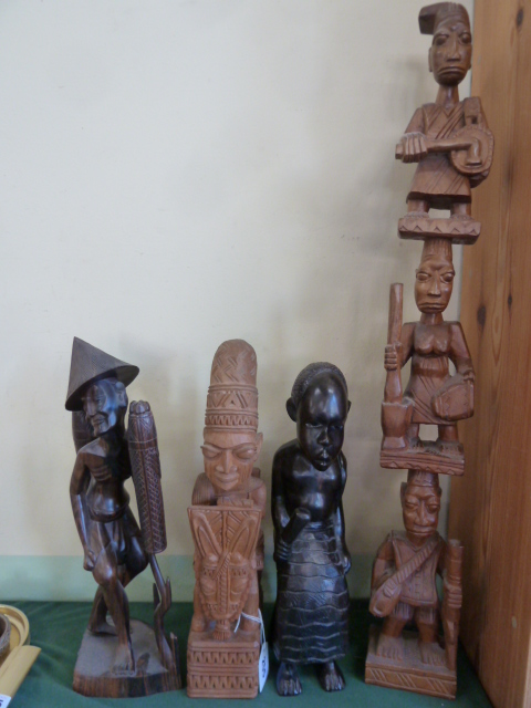 African wooden carvings - Yoruba figural tower - G A Dada, figure on donkey - Gani Fakeye,