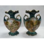 Pair Victorian twin handled farming scene mantel vases