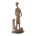 Bildhauer des 20. Jh."Mann mit Fuchs", Bronze, patiniert, vollplastische, stilisierte Figur eines