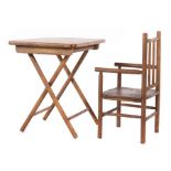 Tisch und Stuhl1. Hälfte 20. Jh, Konstruktion aus Rundhölzern, 1 x Stuhl mit Armelehnen, gerade