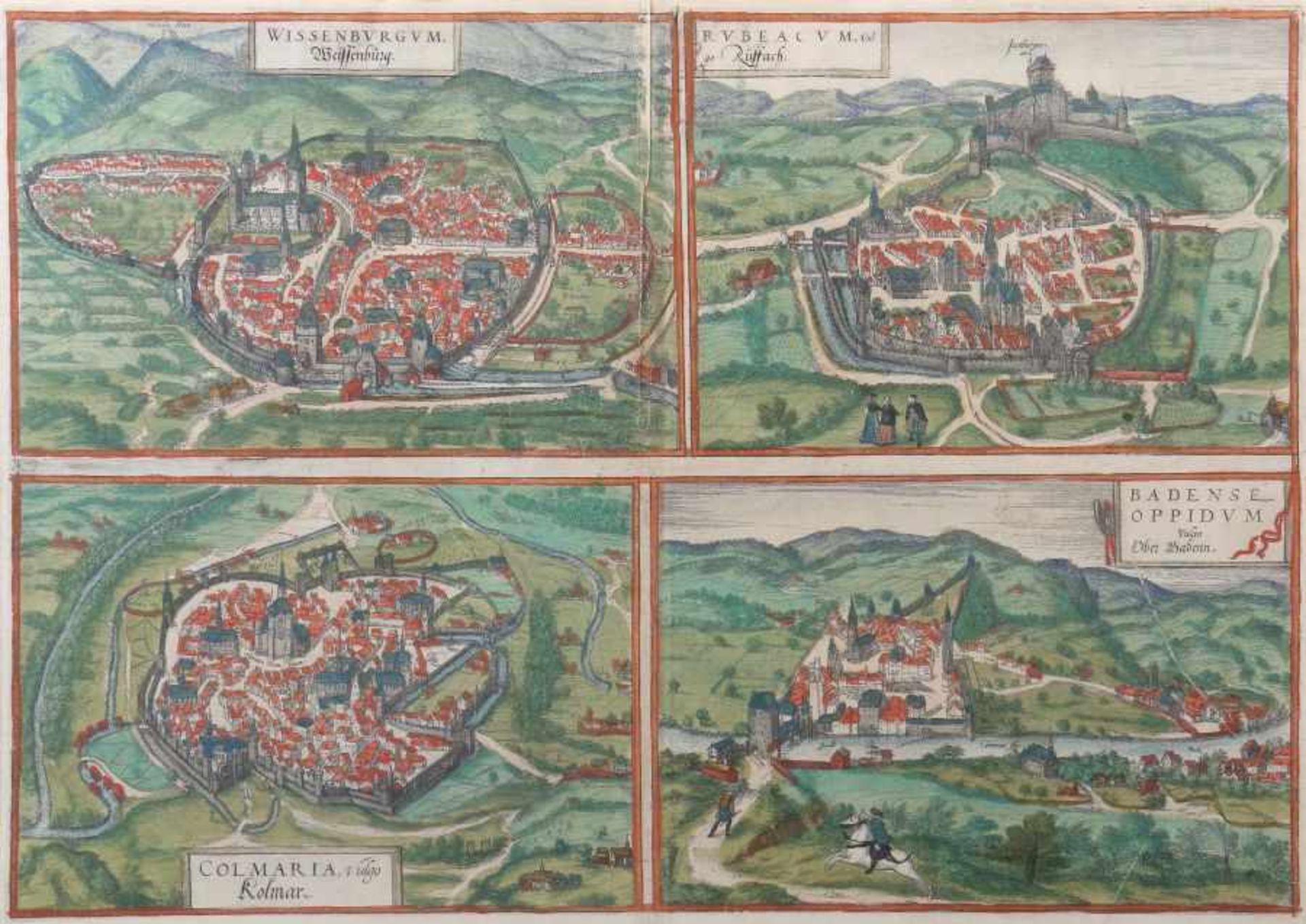 Kupferstecher des 18./19.Jh.Vier Stadtansichten: "Weissenburg", "Rüttach", "Kolmar" und "Ober