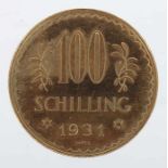 100-Schilling GoldmünzeÖsterreich, 1931, Gold 900, ca. 23,50 g, averse mit Nominal und Jahreszahl,