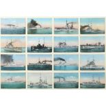 16 Schiffs-Postkartenum 1920, in verglastem Profilrahmen, kolorierte Karten mit Kriegsschiffen: z.B.