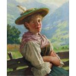 Rau, EmilDresden 1858 - 1937 München, deutscher Maler. "Dirndl vor Alpenlandschaft",