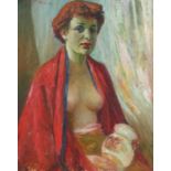 Maler/in des 20. Jh."Damenportrait", Halbakt, ein rotes Tuch über die Schultern gelegt, eine Vase