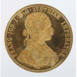4-Dukaten GoldmünzeÖsterreich, dat. 1915, Gold 986, ca. 13,95 g, averse mit Seitenprofil des Franz