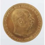 100-Kronen GoldmünzeÖsterreich, dat. 1915, Gold 900, ca. 33,85 g, averse mit Seitenprofil des Kaiser