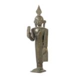 BuddhaSri Lanka, Ende 19./20. Jh., Bronze, in samapada stehender Buddha, die rechte Hand invitarka