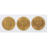 3 20-Kronen GoldmünzenÖsterreich, dat. 1915, Gold 900, ca. 20,31 g, averse mit Seitenprofil des