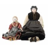 2 Biedermeier-PuppenSonneberger Hersteller, ca. 1870, je Brustblattkopf, 1x Dame mit hellem,