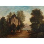 Landschaftsmaler des 19. Jh.wohl England. "Bewaldete Ideallandschaft", mit Ruine und