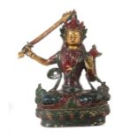 ManjushriNepal, 20. Jh., Messingguss, farbig gefasst, in vajrasana sitzender Bodhisattva, die