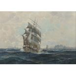 Jensen, V.wohl Victor Jensen, 1891 - 1950. "Segelschiff" auf dem Meer, im Hintergrund eine Küste