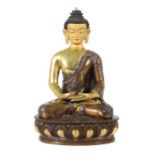 Buddha ShakyamuniNepal/Tibet, 20. Jh., Bronze/vergoldet, in vajrasana sitzender Buddha, die Hände in