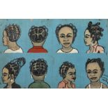 Frisuren-WerbeschildWestafrika, Holzplatte farbig bemalt mit 8 weiblichen Haarfrisur-Modellen,