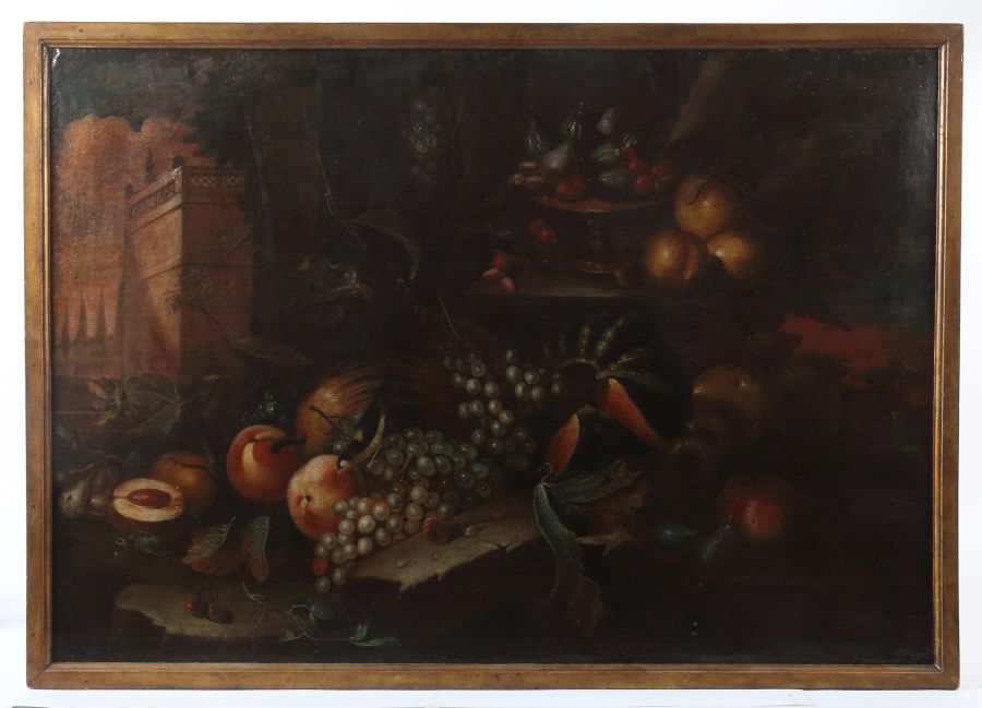 Maler des 17./18. Jh."Früchtestillleben", Kürbise, Pfirsiche, Trauben, Kirschen und Birnen, - Image 2 of 3