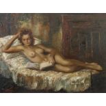 Maler der 2. Hälfte des 20. Jh."Weiblicher Damenakt", seitlich lasziv auf dem Bett liegend und ein