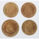 3 Rand Goldmünzen & eine 2 Rand GoldmünzeSüdafrika, 1971/72/74, Gold 916, ca. 19,96 g (gesamt),