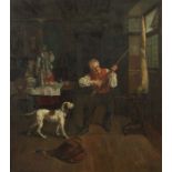 Ehrhard, August (?)deutscher Maler des 19./20. Jh.. "Jäger in der Stube", an einem Stuhl sitzend,