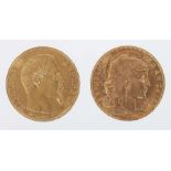2 französische GoldmünzenEmpire Francais, Napoleon III, 1858, 20 Francs, Gold 900, ca. 6,42 g, D: