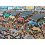 Delaquis, Atogeb. 1945 in Cape Coast, Maler aus Ghana. "Bus Station", belebte Szene mit