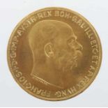 100-Kronen GoldmünzeÖsterreich, dat. 1915, Gold 900, ca. 33,84 g, averse mit Seitenprofil des Kaiser