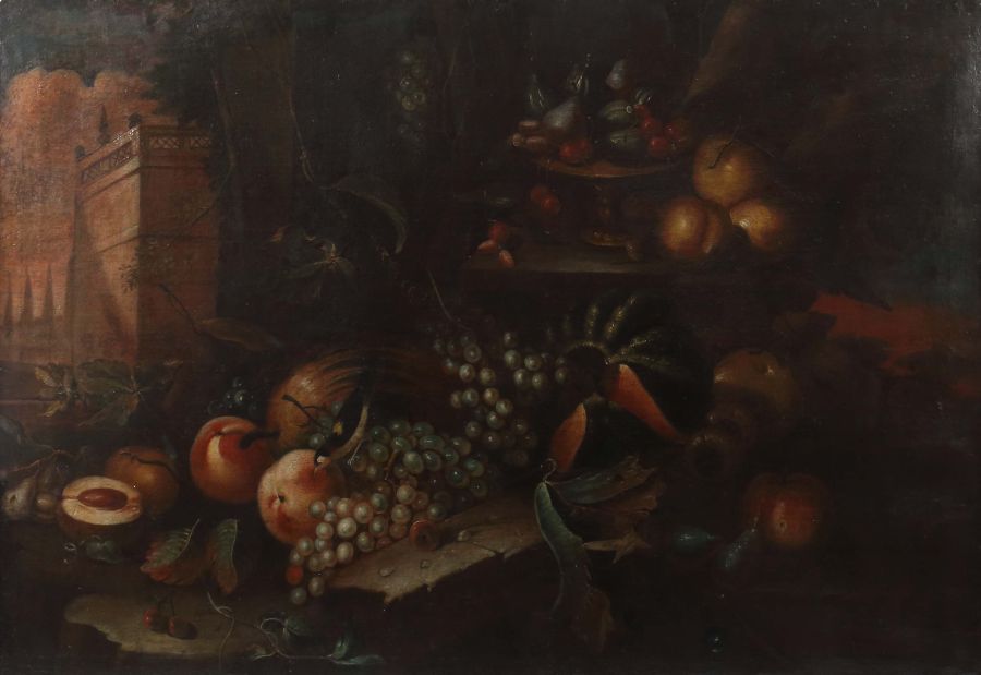 Maler des 17./18. Jh."Früchtestillleben", Kürbise, Pfirsiche, Trauben, Kirschen und Birnen,
