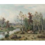 Maler des 19./20. Jh."Flusslandschaft", Szene mit dem Flusslauf und den angrenzenden Birken und