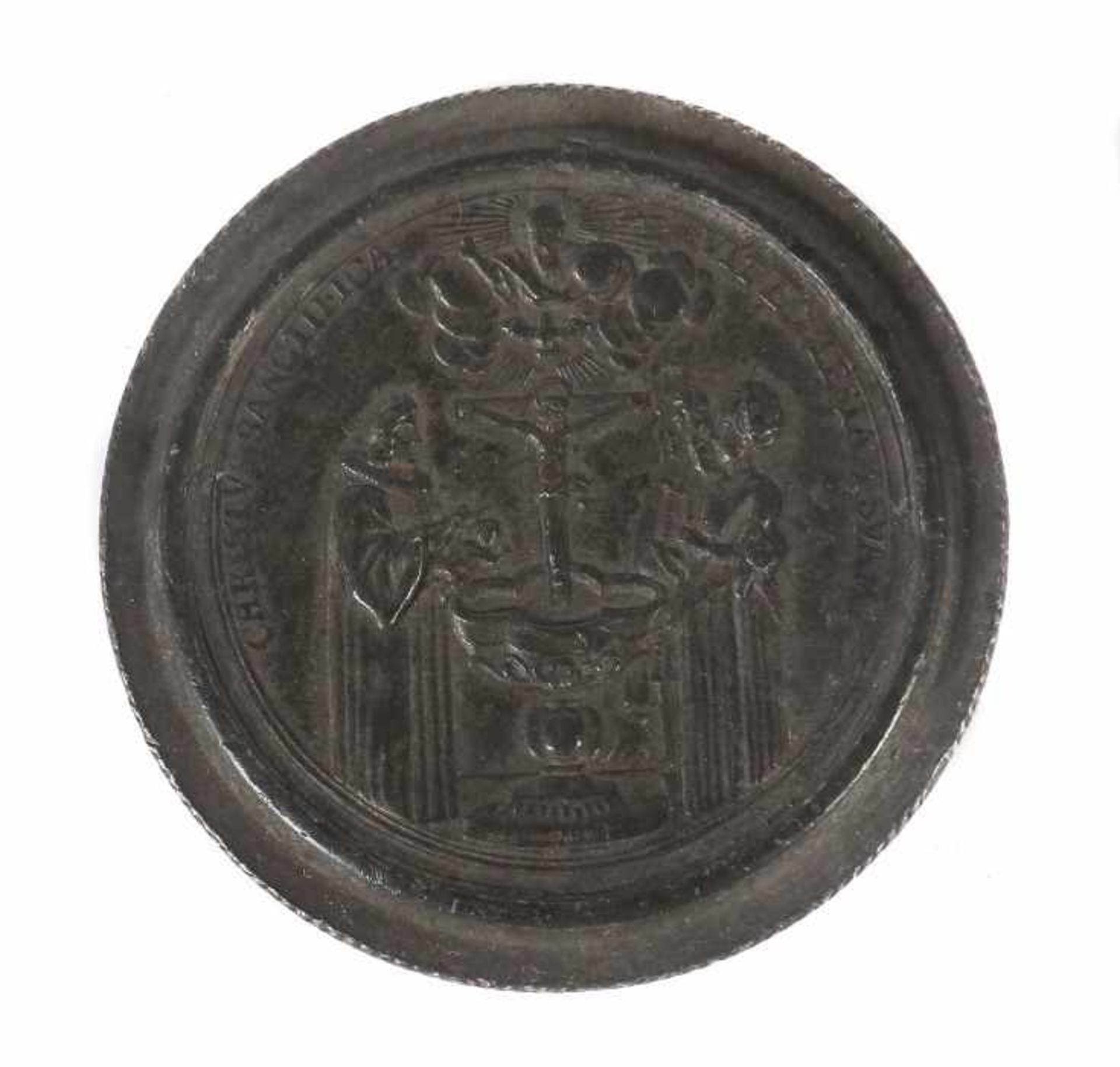 Runde Schraubdosewohl 19. Jh., Zinn, Deckel mit Münze "CHRISTUS SANCTIFICA VIT ECCLESIAMSVAM.", DxH: