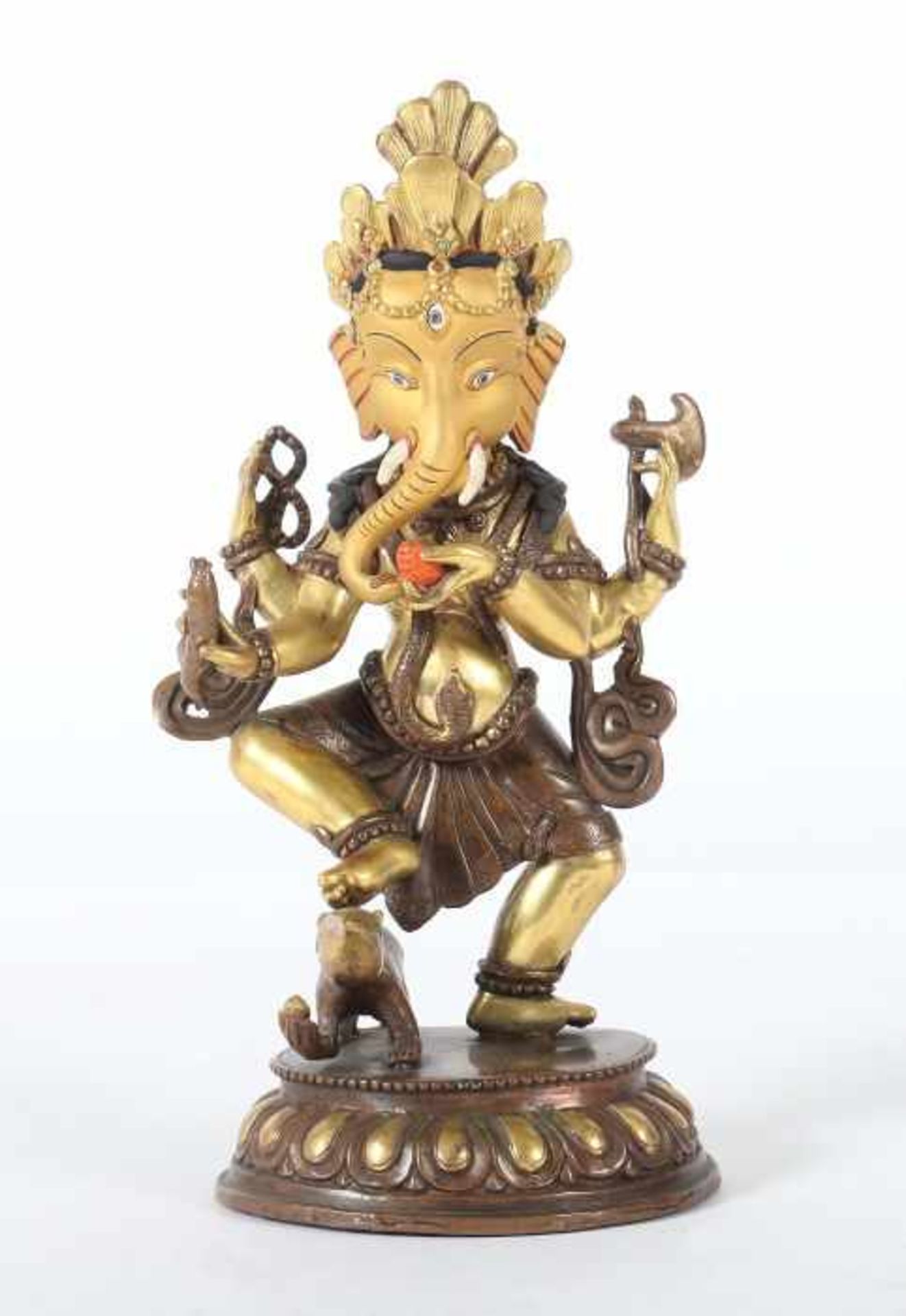 Ganesha mit seinem ReittierNepal, 20. Jh., Bronze/vergoldet, tanzender, 4-armiger Ganesha, eine