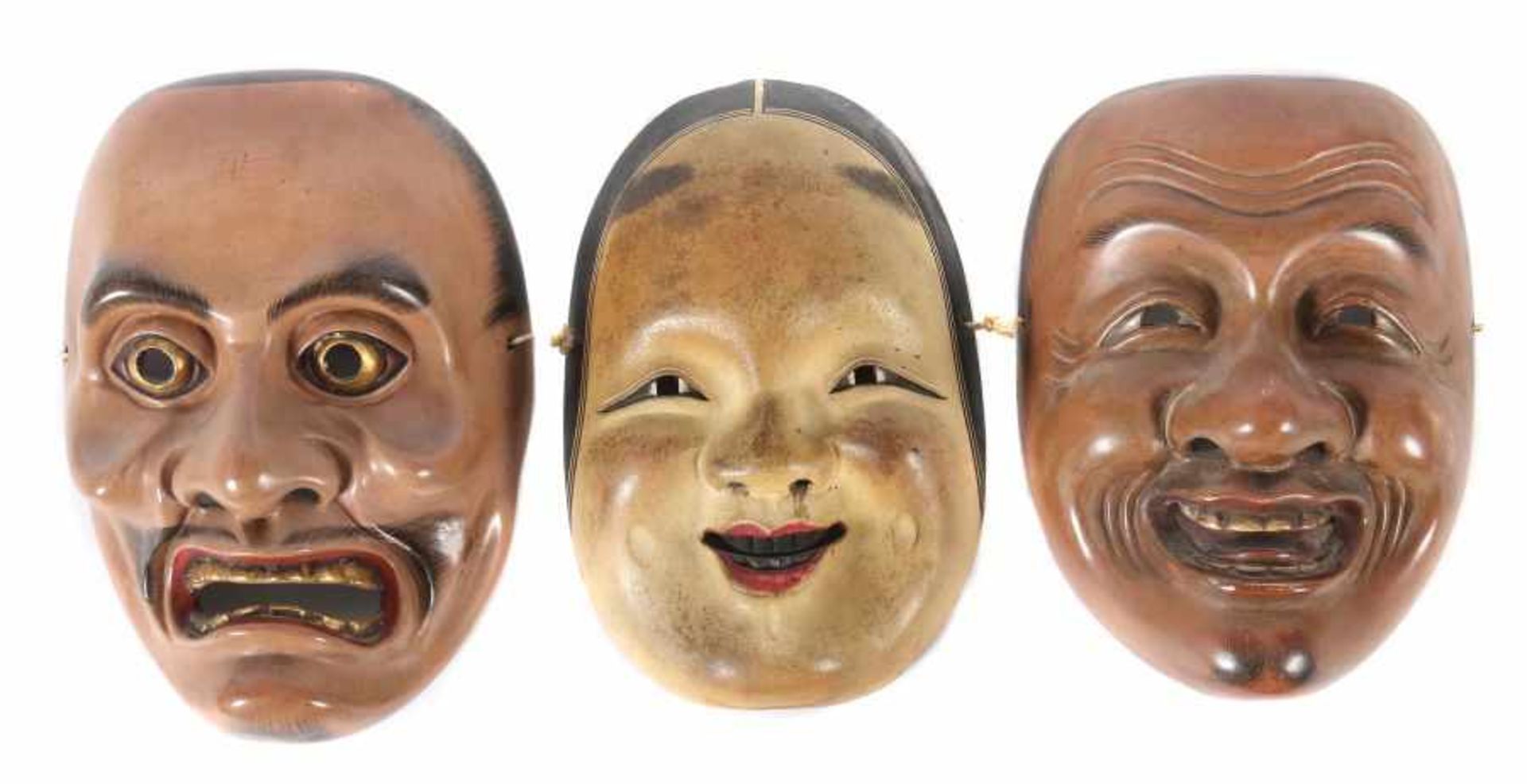 3 Nô-MaskenJapan, 19./20. Jh., Holz/gefasst, 3 Masken des Nô-Theaters, Darstellung von Charakteren,