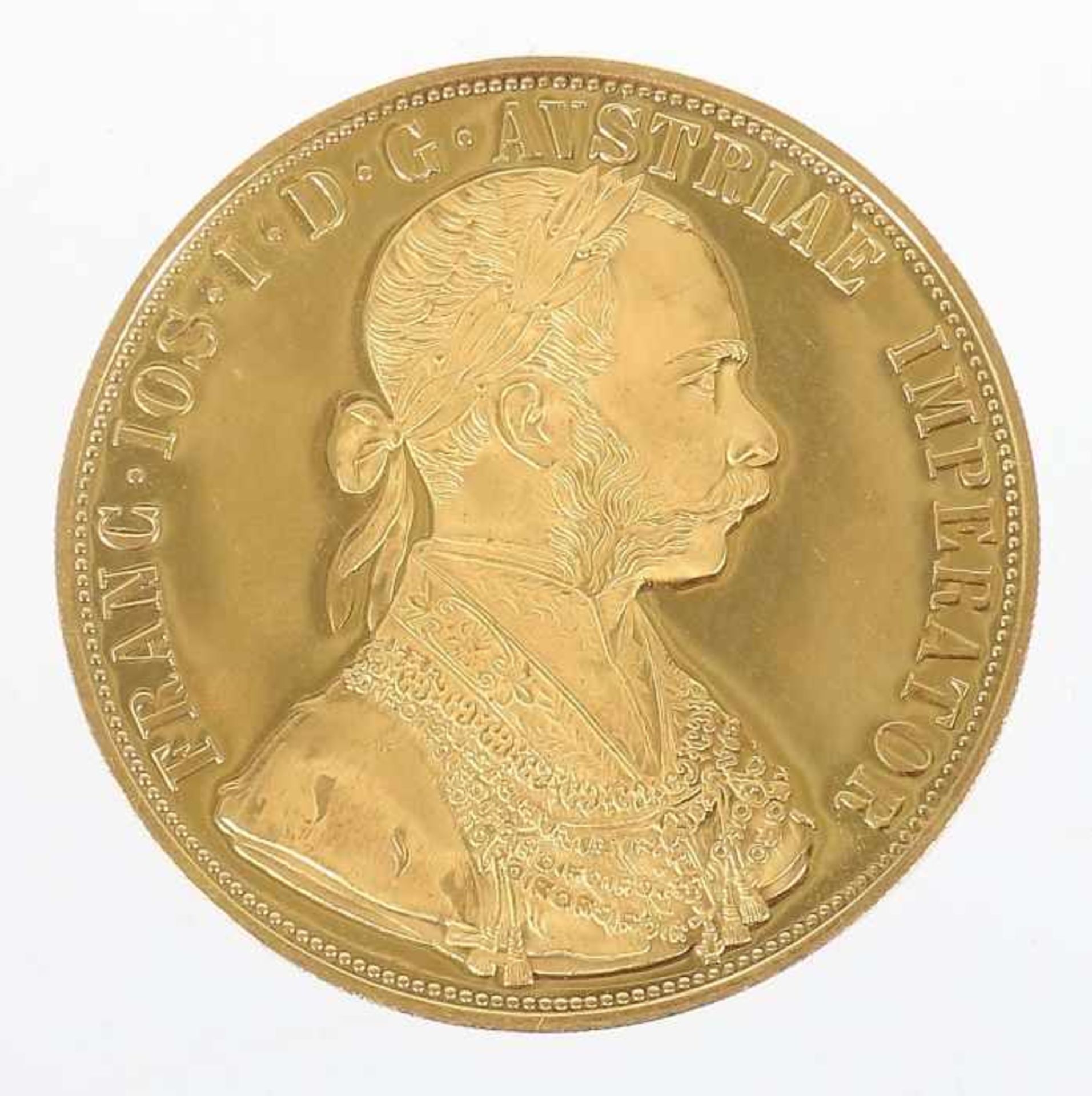 4 Dukaten-GoldmünzeÖsterreich, dat. 1915, Gold 986, ca. 13,95 g, averse mit Seitenprofil des Franz