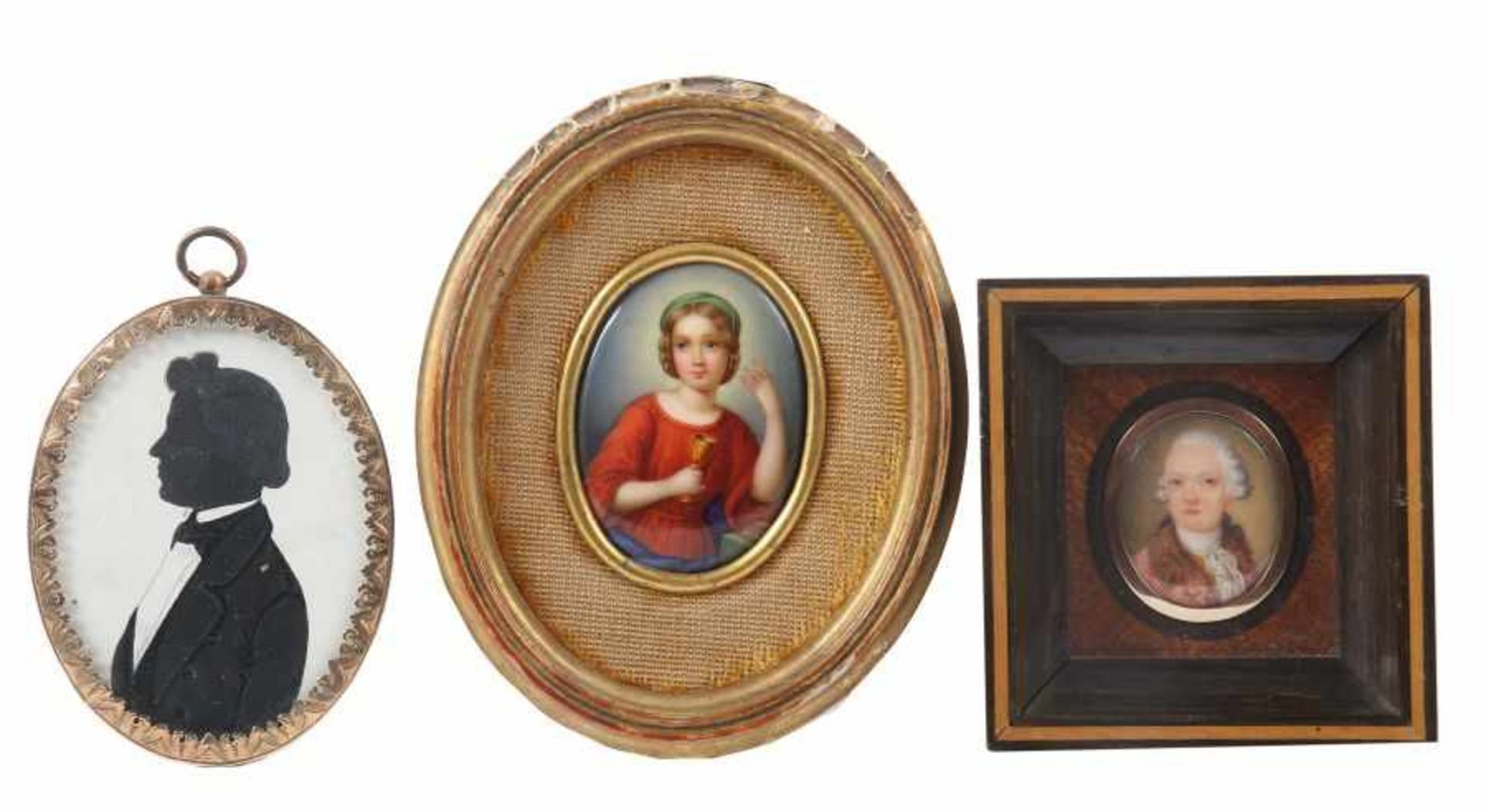3 Miniaturen19./20. Jh., variierende Darstellungen: 2x "Herrenportrait" und "Dame mit Weinglas",