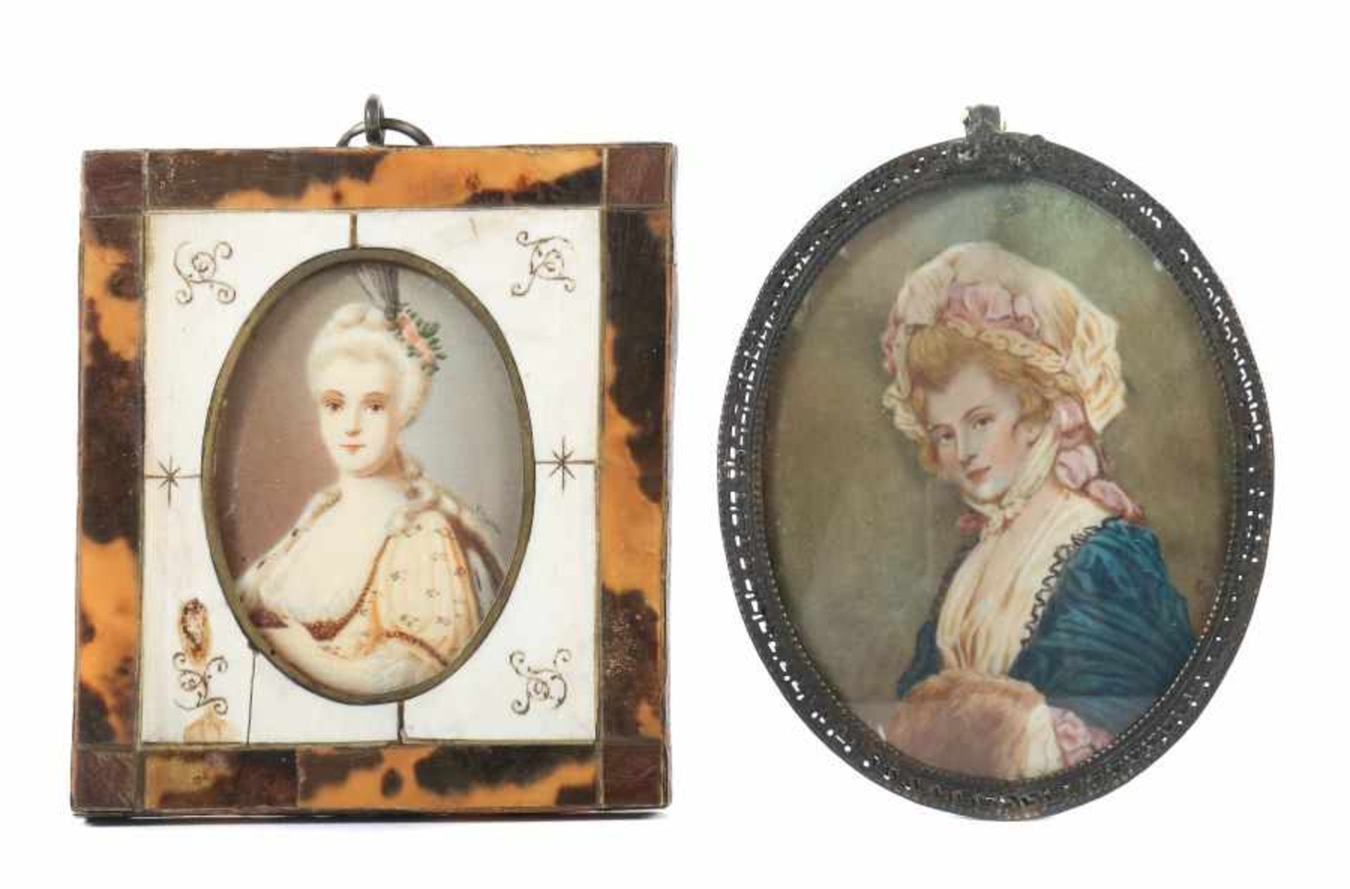 Bildnisminiaturenpaar 18./19. Jh.2 Darstellungen "Elegante Dame", 1x mit grünem Kleid und Muff,