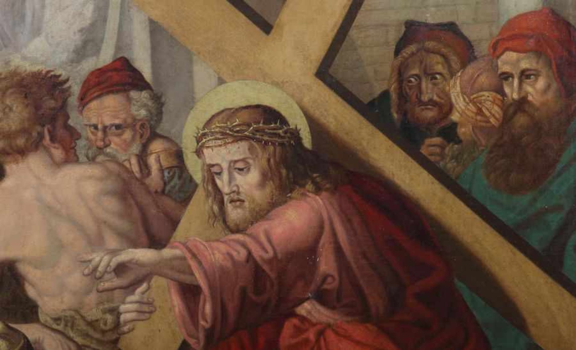 Sakralmaler 19. Jh."Kreuztragung", Kreuzwegstation 8: Jesus tröstet die weinenden Frauen, unsign., - Bild 3 aus 5