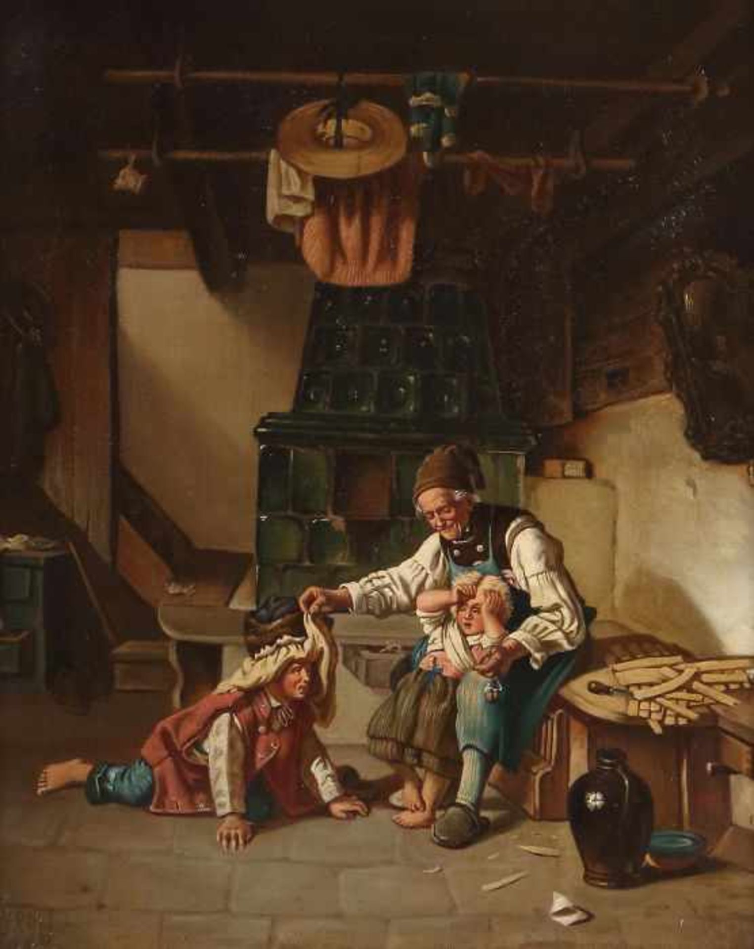 Genremaler des 19. Jh."Interieurszene", spielende Figurengruppe in einem bäuerlichen Raum, staffiert
