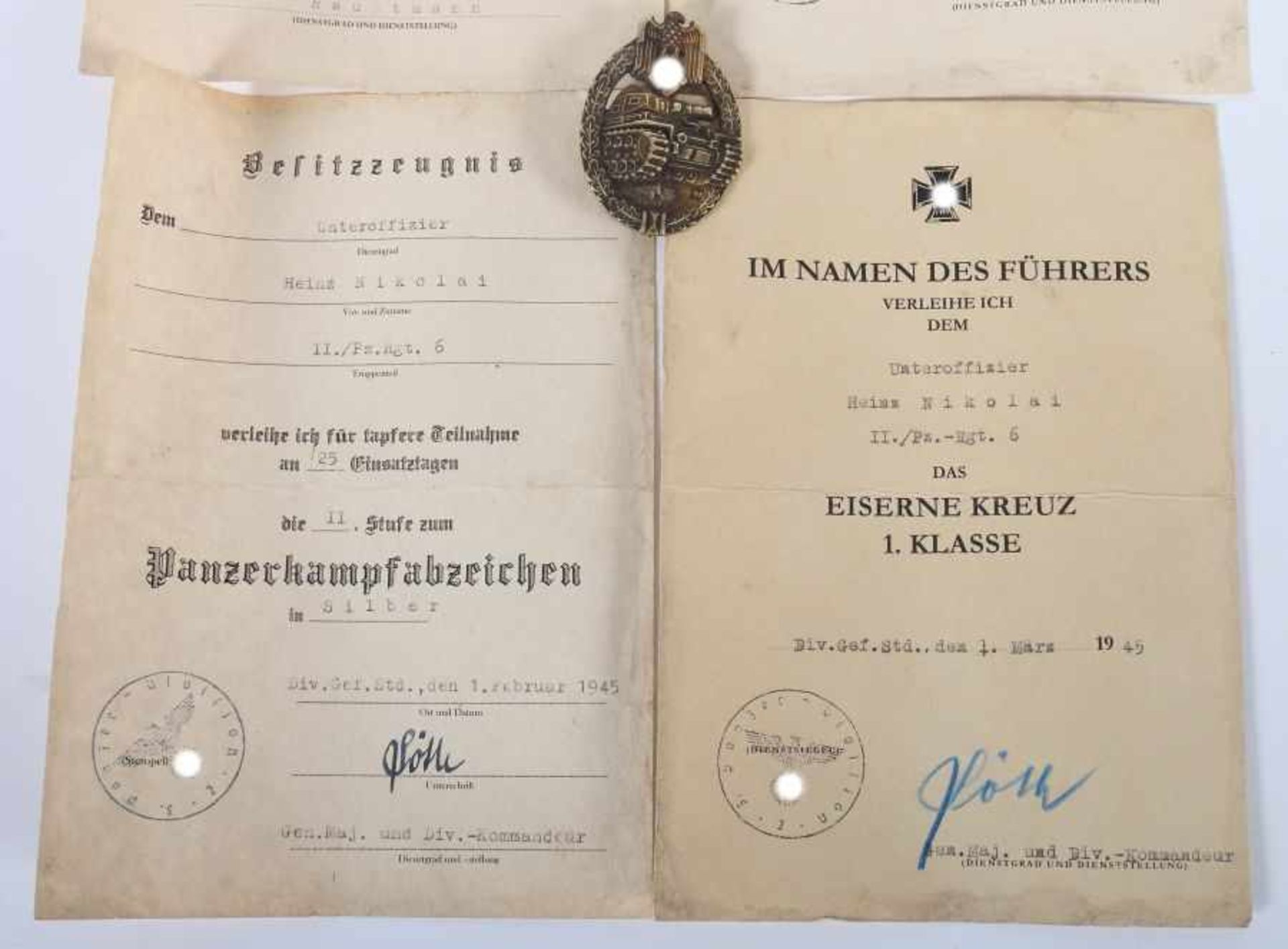 1 Orden und 4 Urkunden2. Wk, 1x Panzerkampfabzeichen in Bronze an Nadel, gemarkt: JFS, dazu 4 - Bild 3 aus 5