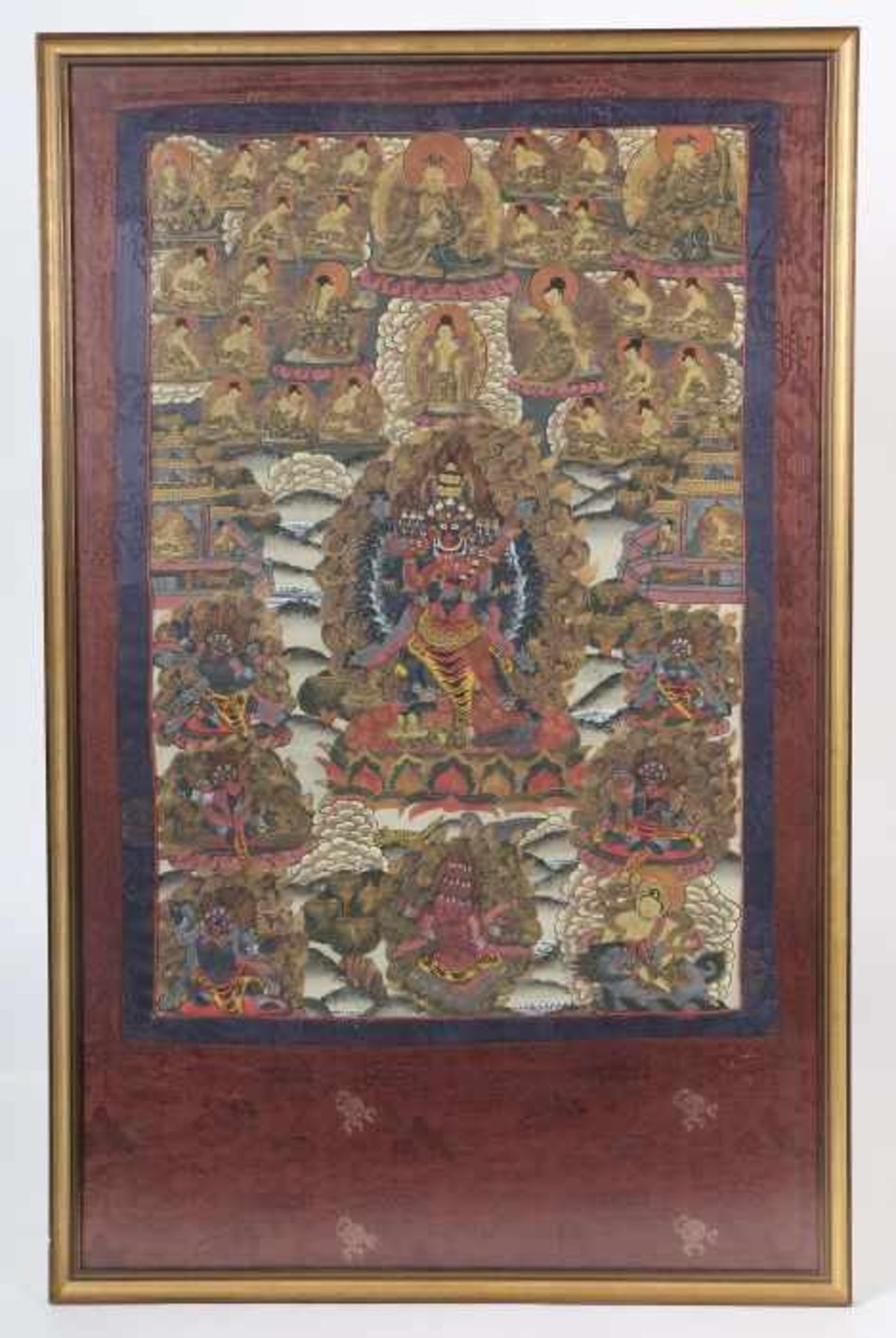 Thangka des VajrabhairavaTibet, wohl um 1900, Gouache/Leinen, der blaue, 24-armige Vajrabhairava ( - Bild 2 aus 7