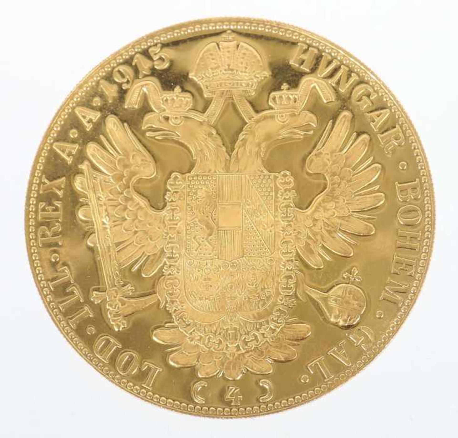4 Dukaten-GoldmünzeÖsterreich, dat. 1915, Gold 986, ca. 13,95 g, averse mit Seitenprofil des Franz - Bild 2 aus 2