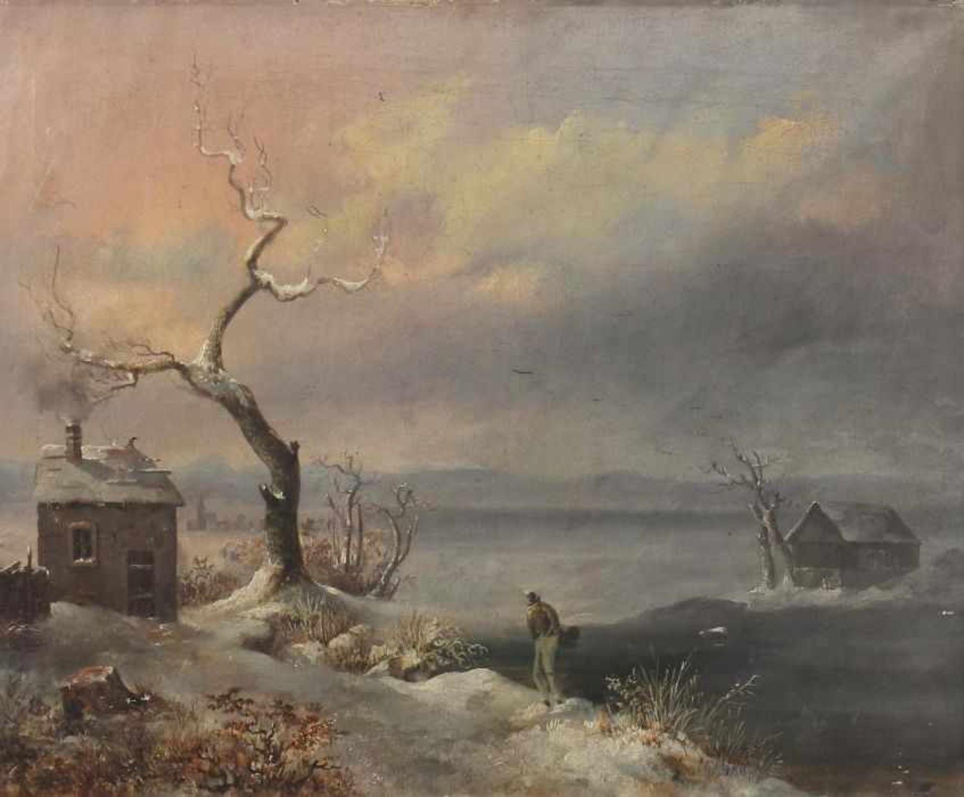 Österreichischer Maler des 19. Jh."Wanderer", in Richtung einer Hütte gehend, in verschneiter
