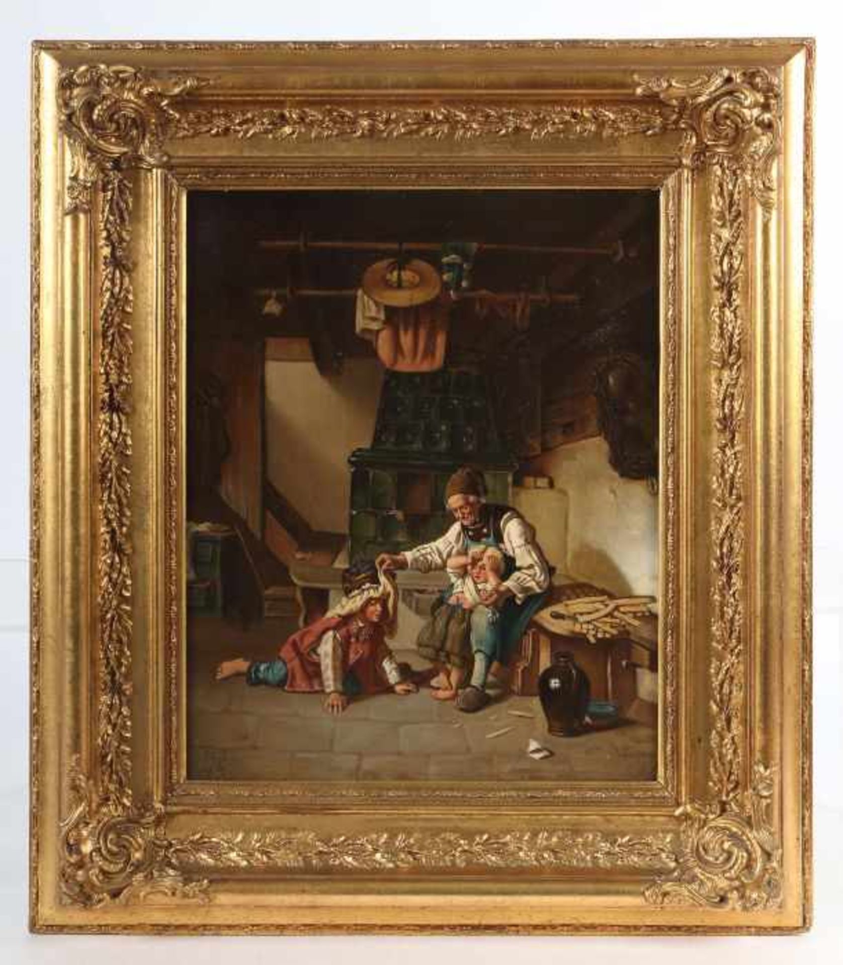Genremaler des 19. Jh."Interieurszene", spielende Figurengruppe in einem bäuerlichen Raum, staffiert - Bild 2 aus 4