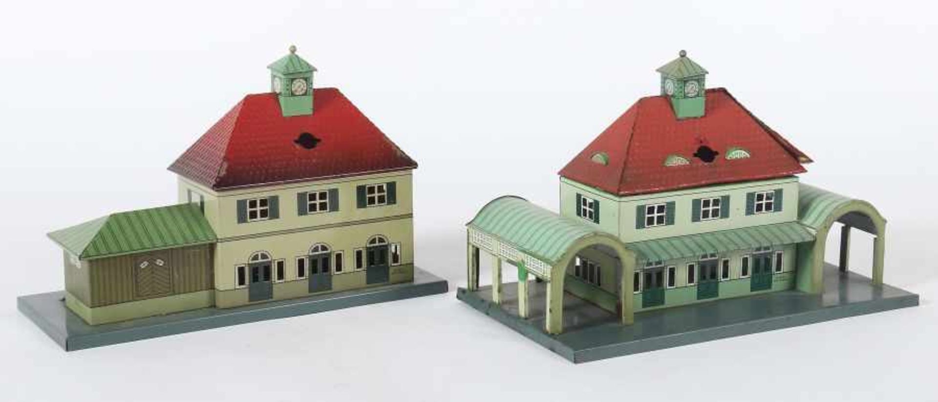 2 BahnhöfeKarl Bub, Spur 0, 1x Modell 861, 1925-1939, Blech, grünlich chromlithografiert, - Bild 2 aus 2