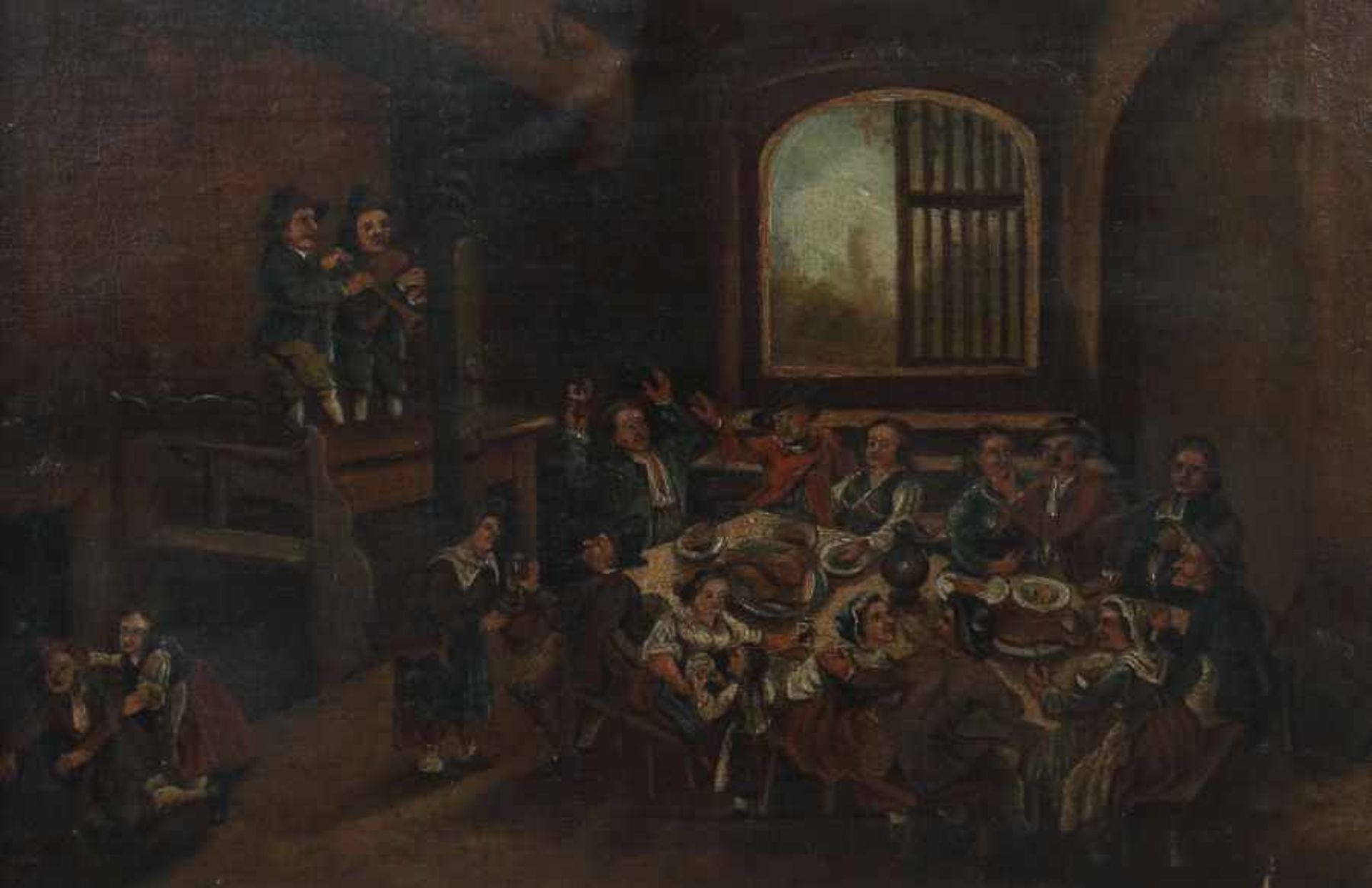 Genremaler des 18./19. Jh."Bauernhochzeit", ausgelassen feiernde Gesellschaft, um eine Tafel - Bild 3 aus 4