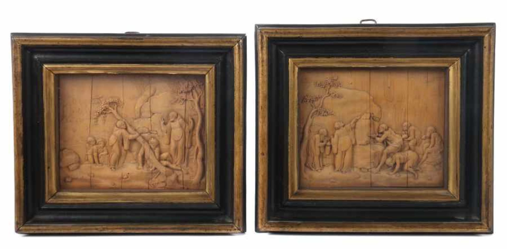 Bildschnitzer des 19. Jh.2 x "Wunder des Heiligen Benedikts", Holz geschnitzt, reliefierte