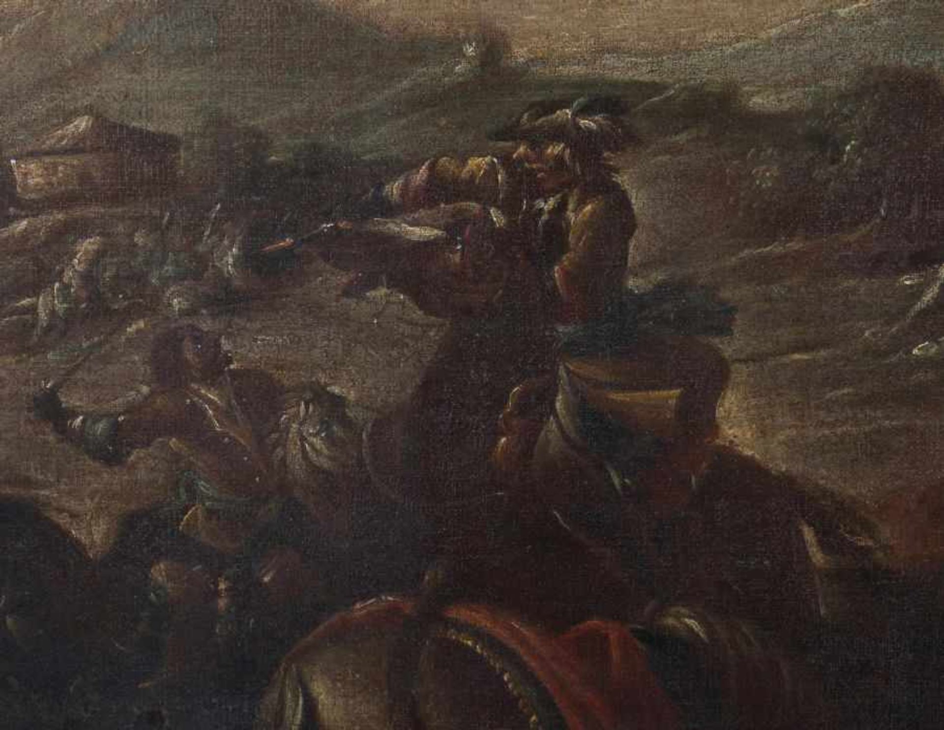 Schlachtenmaler 17./18. Jh.wohl deutsch. "Reiterscharmützel", in gebirgiger Flußlandschaft mit - Bild 3 aus 5