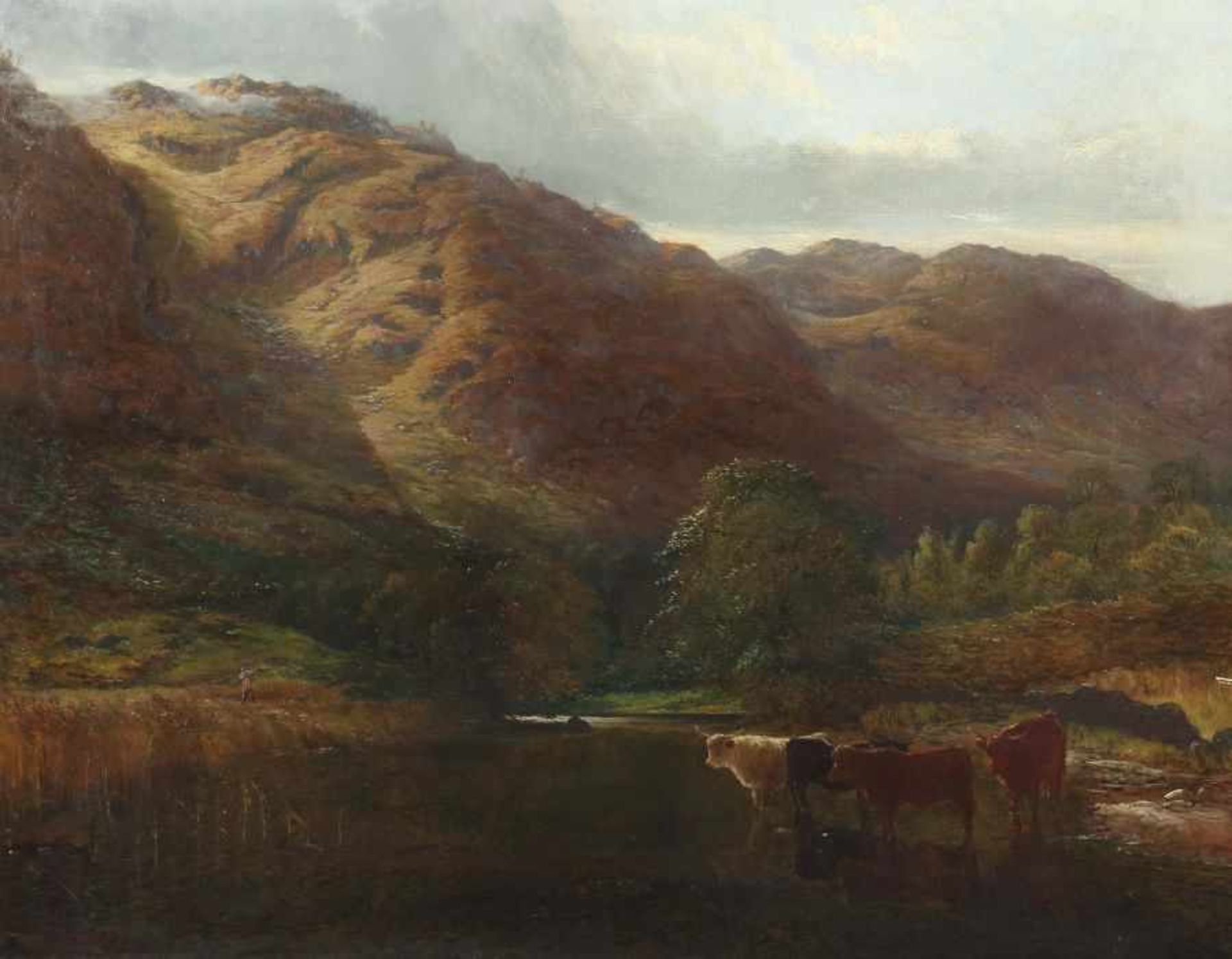 Lawrie, J. C.Maler des 19. Jh. "Galloway Rinder an der Tränke", Blick auf schottische Landschaft