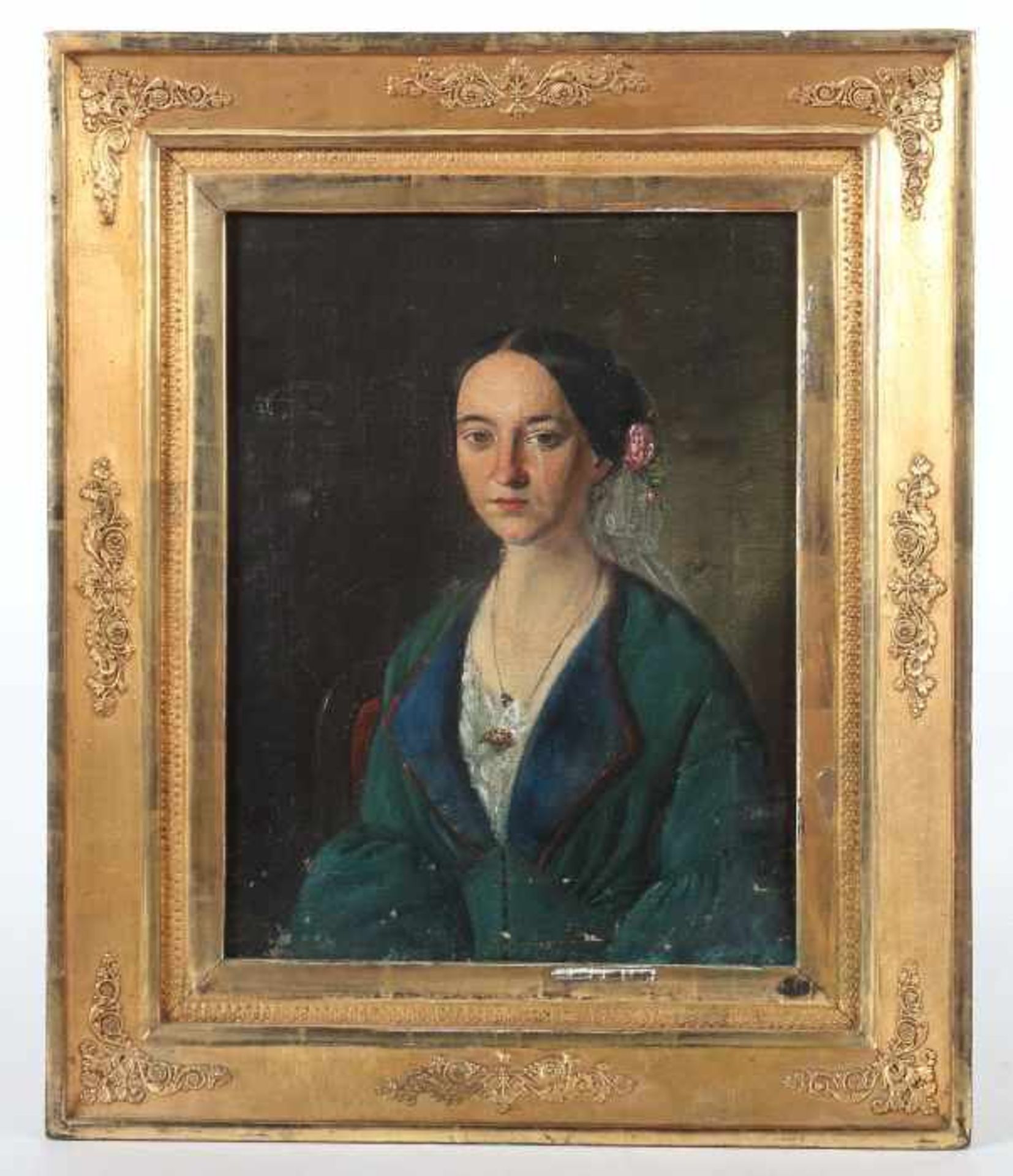 Bildnismaler des 19. Jh."Damenportrait", Halbbildnis im grünen Kleid mit blauem Kragen, eine Blume - Bild 2 aus 3