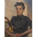 Bildnismaler des 19./20. Jh."Damenportrait mit Weidenkorb", mit schwarzer Bluse und