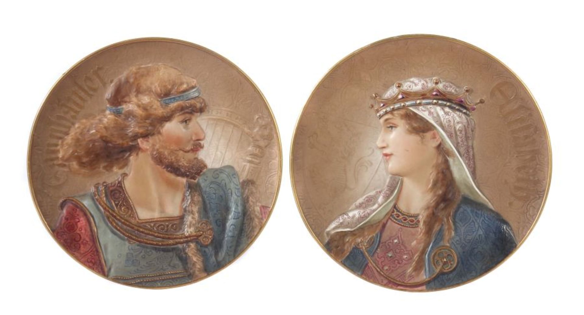 Wandteller "Tannhäuser" und "Elisabeth"Thüringen, um 1900, Feinsteinzeug, glasiert polychrom