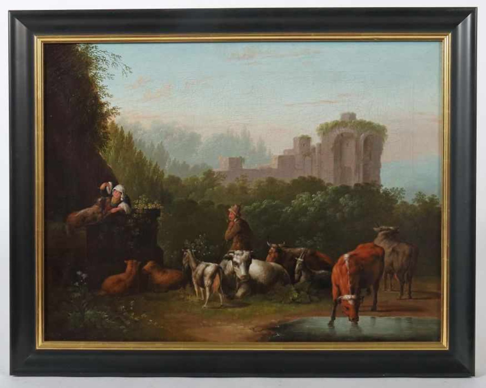 Genremaler des 19. Jh."Hirte", mit Schafen und Kühen, nebst mit einer mit einem Hund spielenden - Bild 2 aus 4